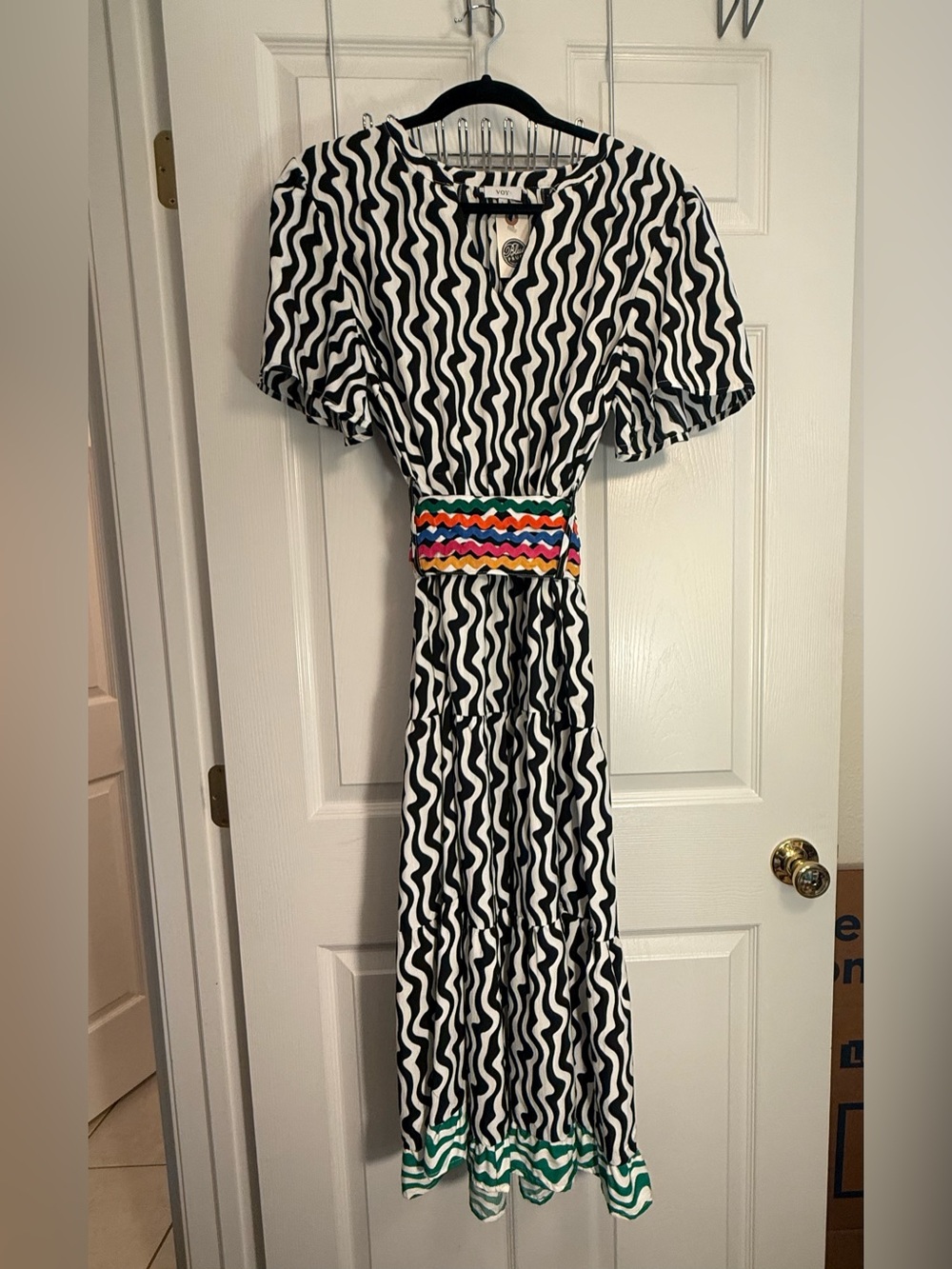 Black & White Wave-Print Midi Dress with Colorful Smocked Waistband